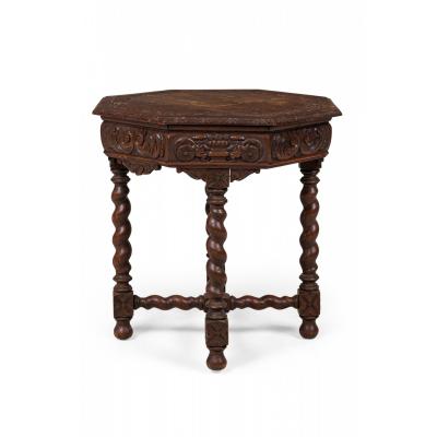 English Jacobean Style Carved Spiral Turned Leg Octagonal Occasional Side Tabl