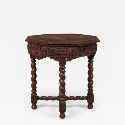 English Jacobean Style Carved Spiral Turned Leg Octagonal Occasional Side Tabl