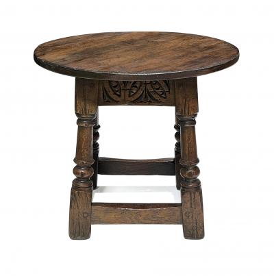 English Jacobean Style Circular Carved Oak Side Table Joint Stool