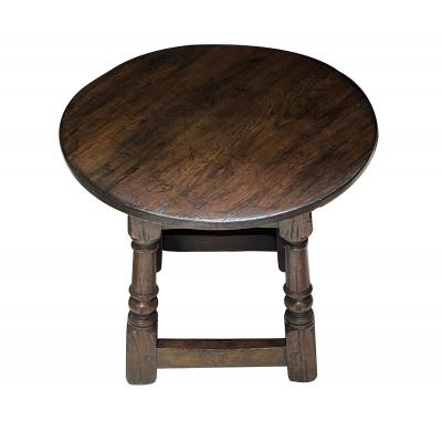 English Jacobean Style Circular Carved Oak Side Table Joint Stool