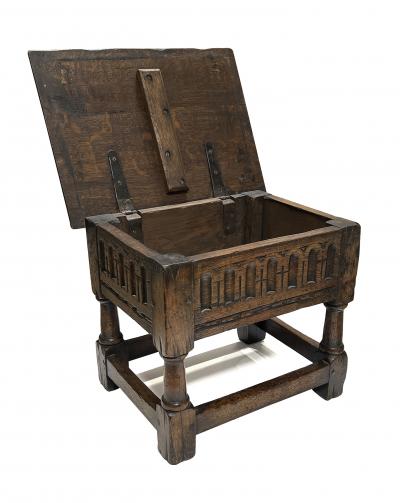 English Jacobean Style Oak Work Side Table Joint Stool with Hinged Lid