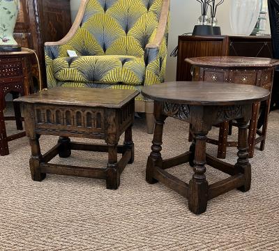 English Jacobean Style Oak Work Side Table Joint Stool with Hinged Lid