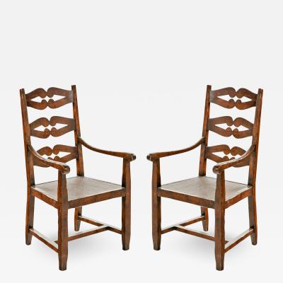 English Ladderback Arm Chairs with Caning a Pair