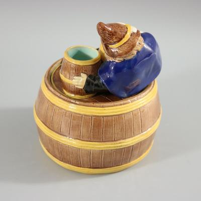 English Majolica Dwarf on Barrel Jar And Cover