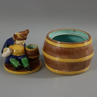English Majolica Dwarf on Barrel Jar And Cover