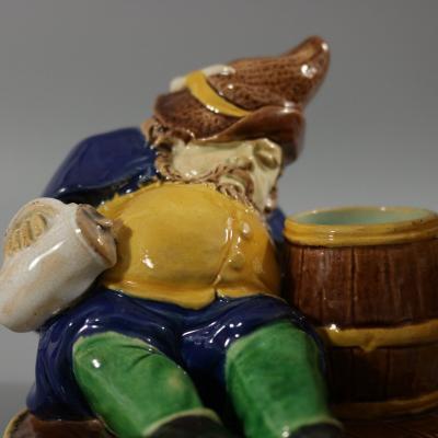 English Majolica Dwarf on Barrel Jar And Cover