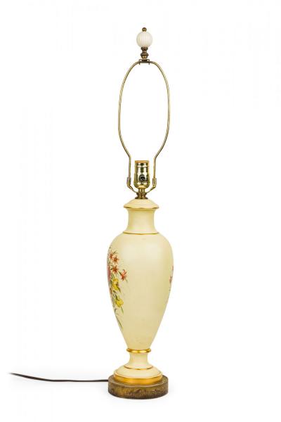 English Mid Century Beige Ceramic and Brass Floral Design Table Lamp