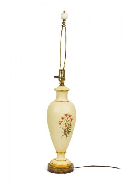 English Mid Century Beige Ceramic and Brass Floral Design Table Lamp