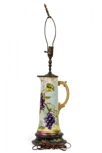 English Mid Century Pitcher Form Ceramic Grape Motif Table Lamp