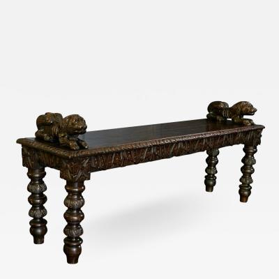 English Oak Hand carved bench settle with Recumbent carved lions