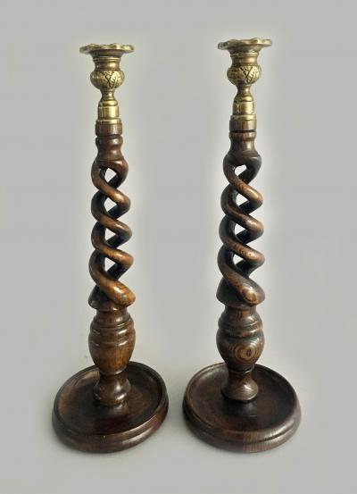 English Oak Open Barley Twist Candlesticks a Pair
