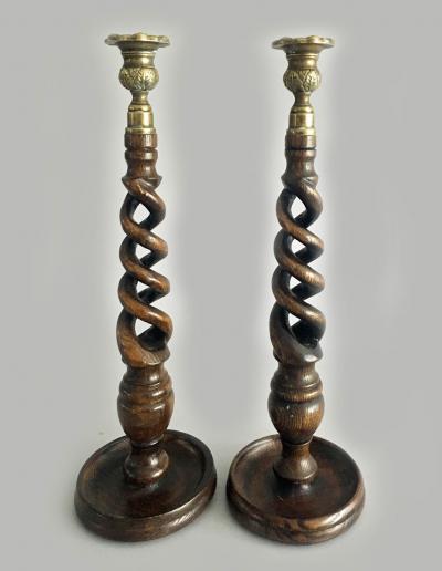 English Oak Open Barley Twist Candlesticks a Pair