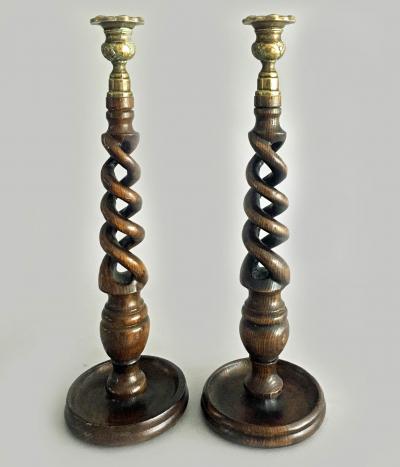 English Oak Open Barley Twist Candlesticks a Pair