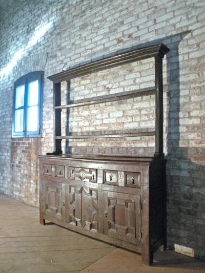 English Oak late 17th Century Jacobean Buffet Cupboard Dresser with Dishrack