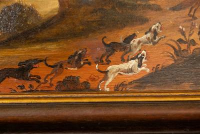 English Oil Painting On Board Of A Fox Hunting Scene