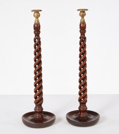 English Open Twist Oak Candlesticks