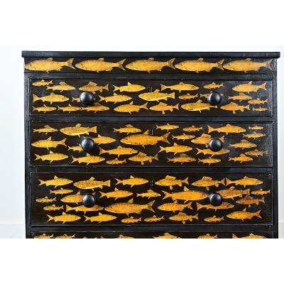English Painted Chest with Fish Decoupage