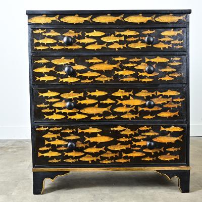 English Painted Chest with Fish Decoupage