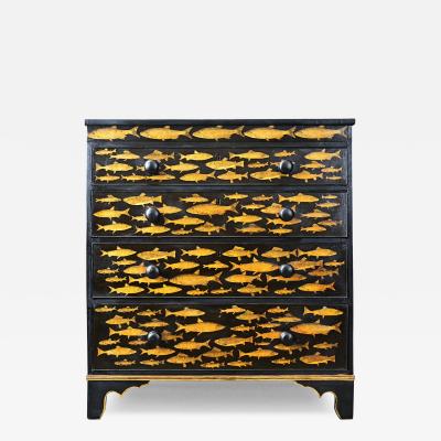 English Painted Chest with Fish Decoupage