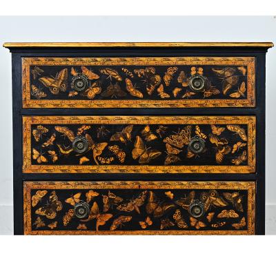 English Painted Pine Chest of Drawers with Moth Decoupage