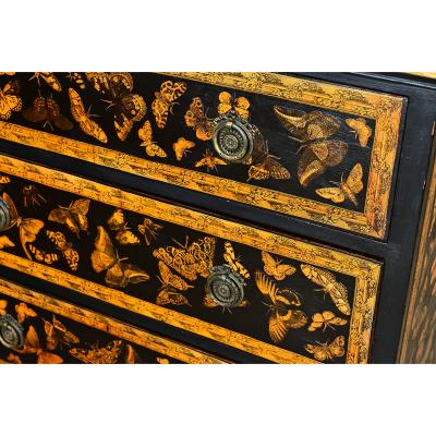 English Painted Pine Chest of Drawers with Moth Decoupage