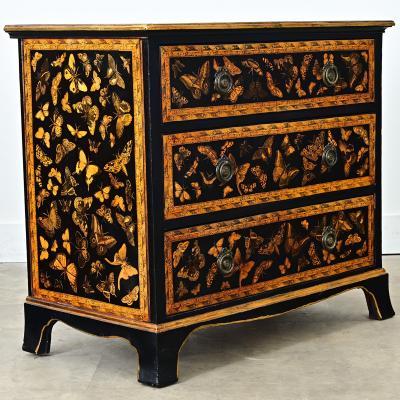 English Painted Pine Chest of Drawers with Moth Decoupage