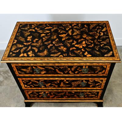 English Painted Pine Chest of Drawers with Moth Decoupage