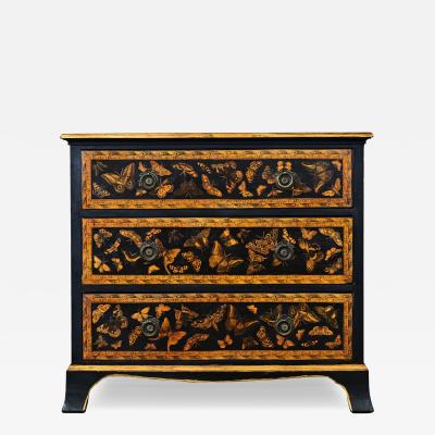 English Painted Pine Chest of Drawers with Moth Decoupage