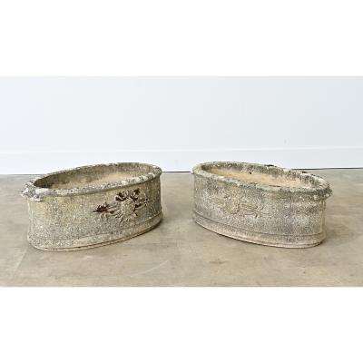 English Pair of 1920s Oval Cast Stone Planters