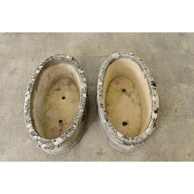 English Pair of 1920s Oval Cast Stone Planters