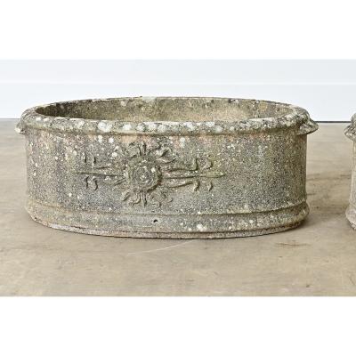 English Pair of 1920s Oval Cast Stone Planters