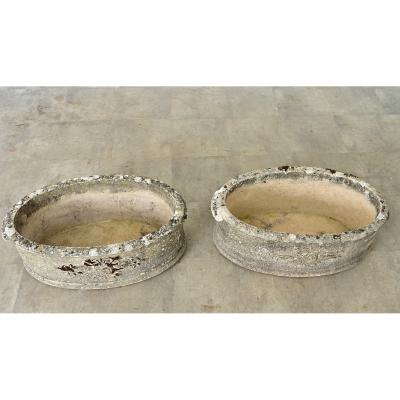 English Pair of 1920s Oval Cast Stone Planters