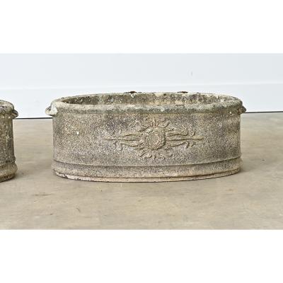 English Pair of 1920s Oval Cast Stone Planters
