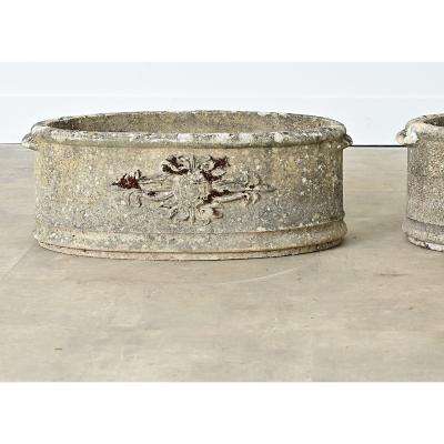 English Pair of 1920s Oval Cast Stone Planters