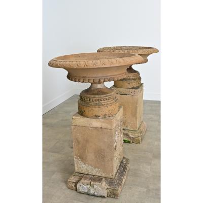 English Pair of 19th Century Carved Stone Garden Urns