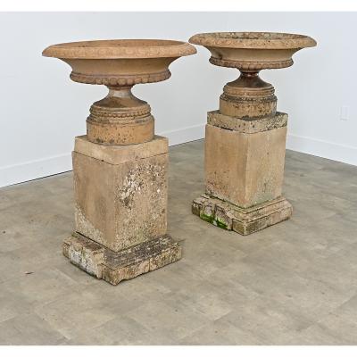 English Pair of 19th Century Carved Stone Garden Urns