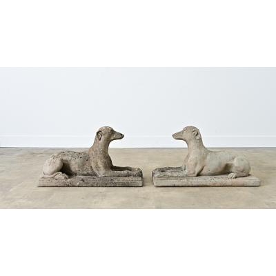 English Pair of Cast Stone Whippet Garden Statues
