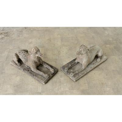 English Pair of Cast Stone Whippet Garden Statues