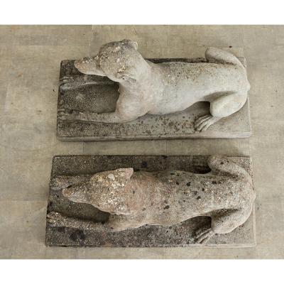 English Pair of Cast Stone Whippet Garden Statues