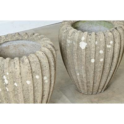 English Pair of Fluted Stone Planters