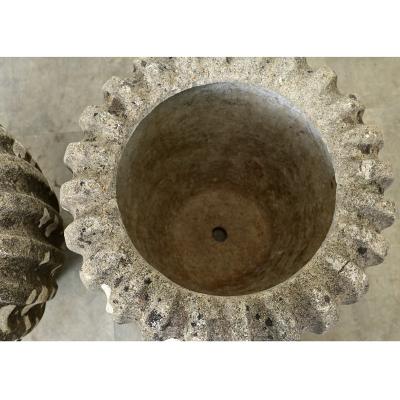 English Pair of Fluted Stone Planters