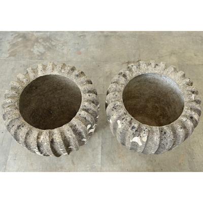 English Pair of Fluted Stone Planters