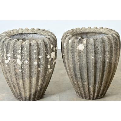 English Pair of Fluted Stone Planters