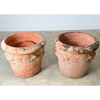 English Pair of Large 20th Century Terracotta Decorated Planters