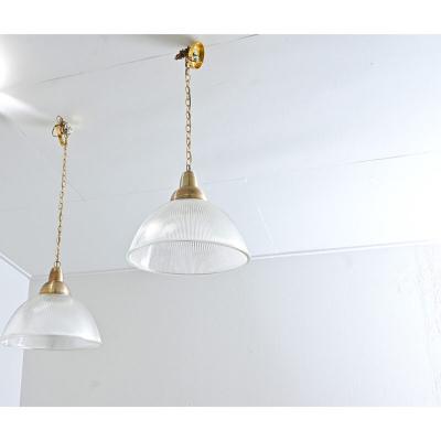 English Pair of Vintage Industrial Holophane Glass Pendants