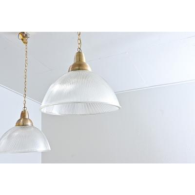 English Pair of Vintage Industrial Holophane Glass Pendants