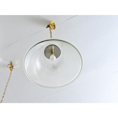 English Pair of Vintage Industrial Holophane Glass Pendants