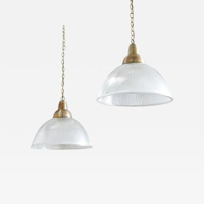 English Pair of Vintage Industrial Holophane Glass Pendants