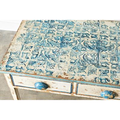 English Pine Table with Faux Delft Tile Painted Top