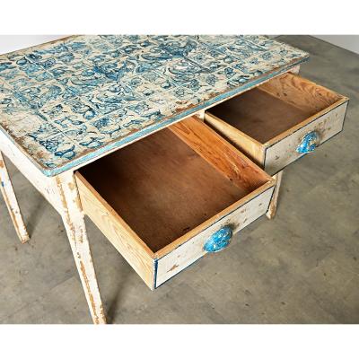 English Pine Table with Faux Delft Tile Painted Top